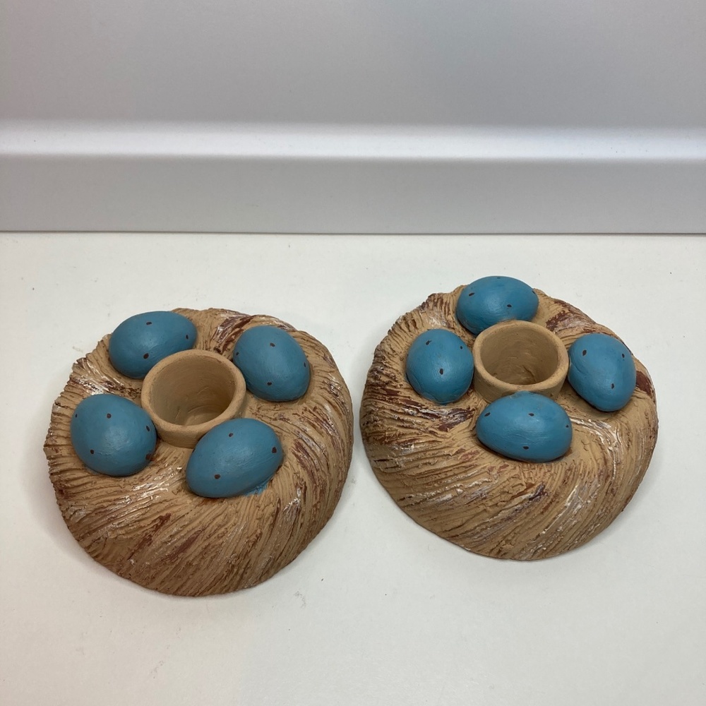 A Pair Vintage Serrv Candle Holder Eggs On Nest Made in Peru